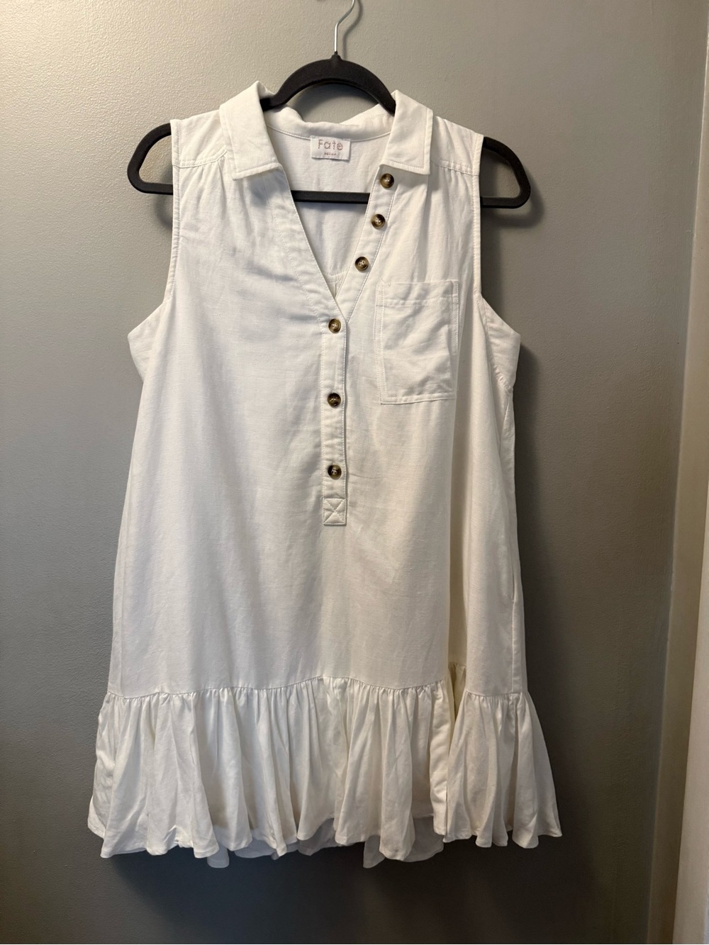 Fate White Sleeveless Button-Front Linen Ruffle-Hem Mini Dress